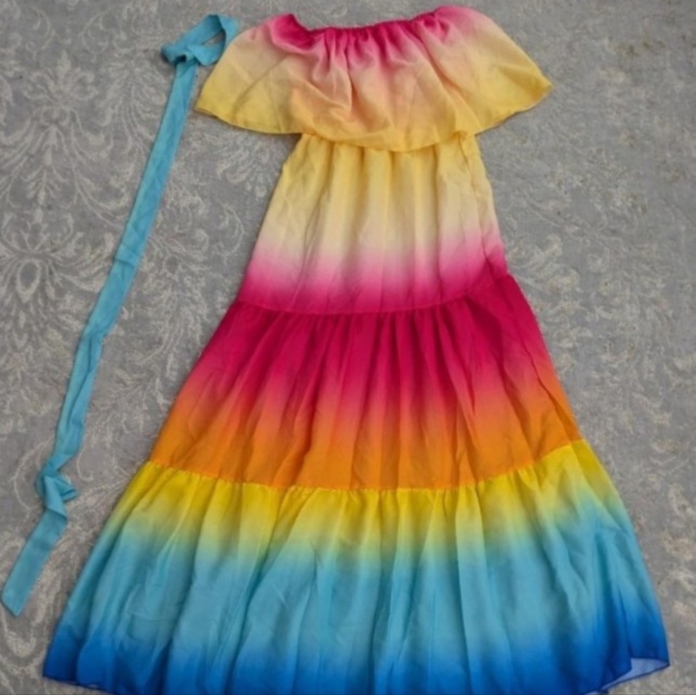 Rainbow Off-Shoulder Maxi Dress